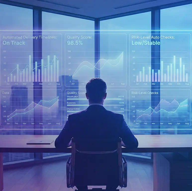 Executive reviewing automated quality reports, risk checks, and performance dashboards in a data-driven engineering workspace.
