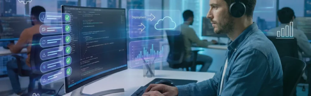 Software engineering team using automated CI/CD pipelines, cloud deployment workflows, and real-time project dashboards.