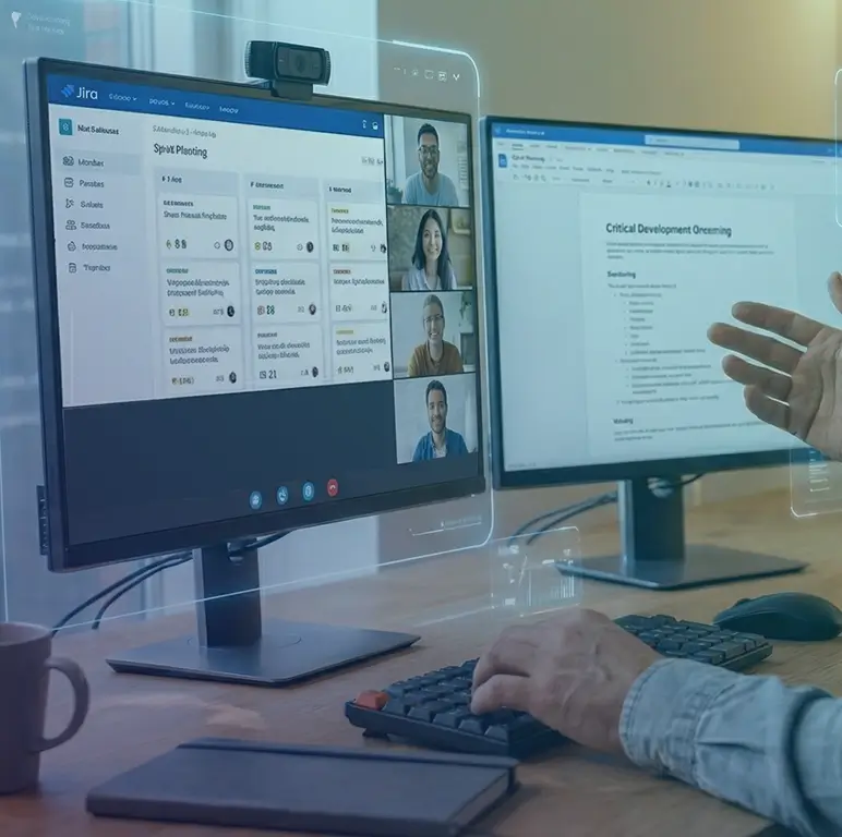 A developer participating in a virtual meeting with teammates while reviewing a Jira board and project documentation on dual monitors.