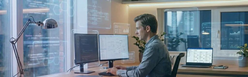  A focused developer coding at a desk with multiple screens displaying architecture diagrams and UI overlays.
